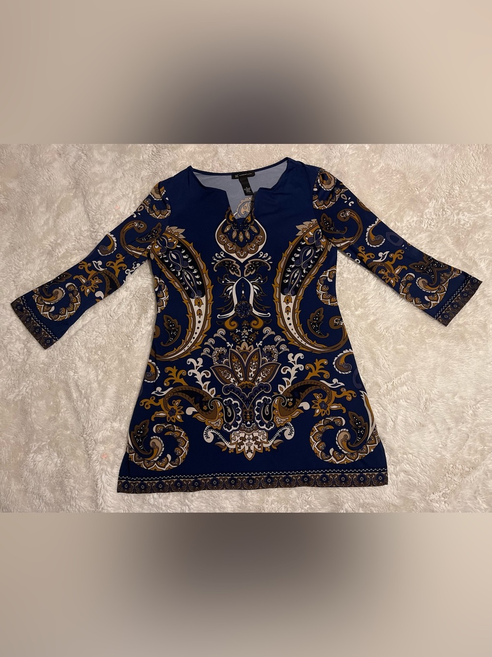 INC International Concepts Tunic Mini Dress Medium Blue Paisley Rhinestone